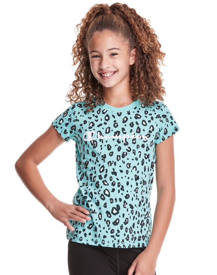 Champion T-Shirt Meisjes - Turquoise/Zwart - Classic Graphic Leopard Print ( 648910-HUR )